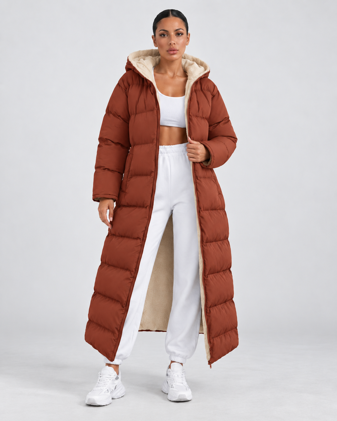 Women's Longline Hooded Puffer Coat – Full Zip Plush Lining