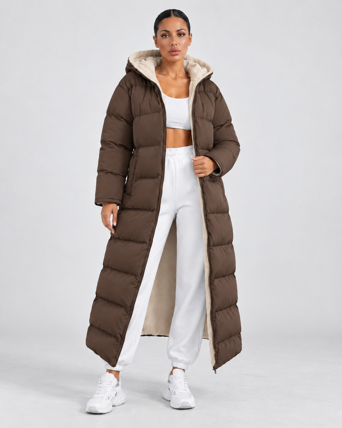 Women's Longline Hooded Puffer Coat – Full Zip Plush Lining