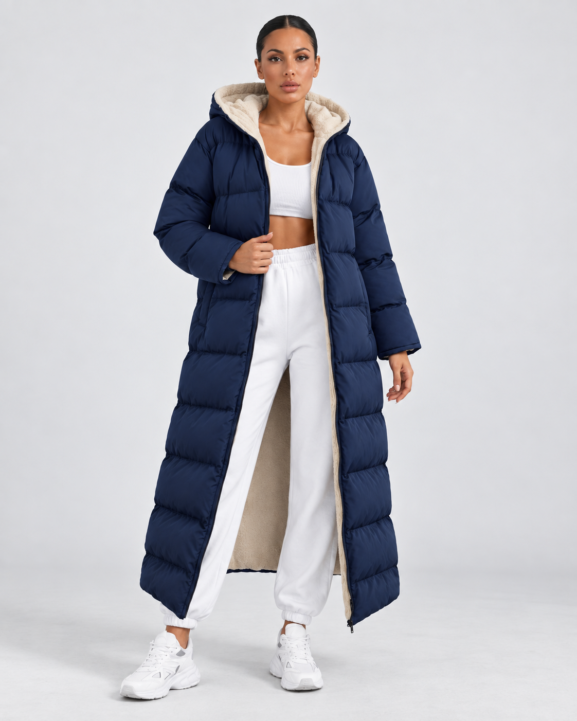 Women's Longline Hooded Puffer Coat – Full Zip Plush Lining