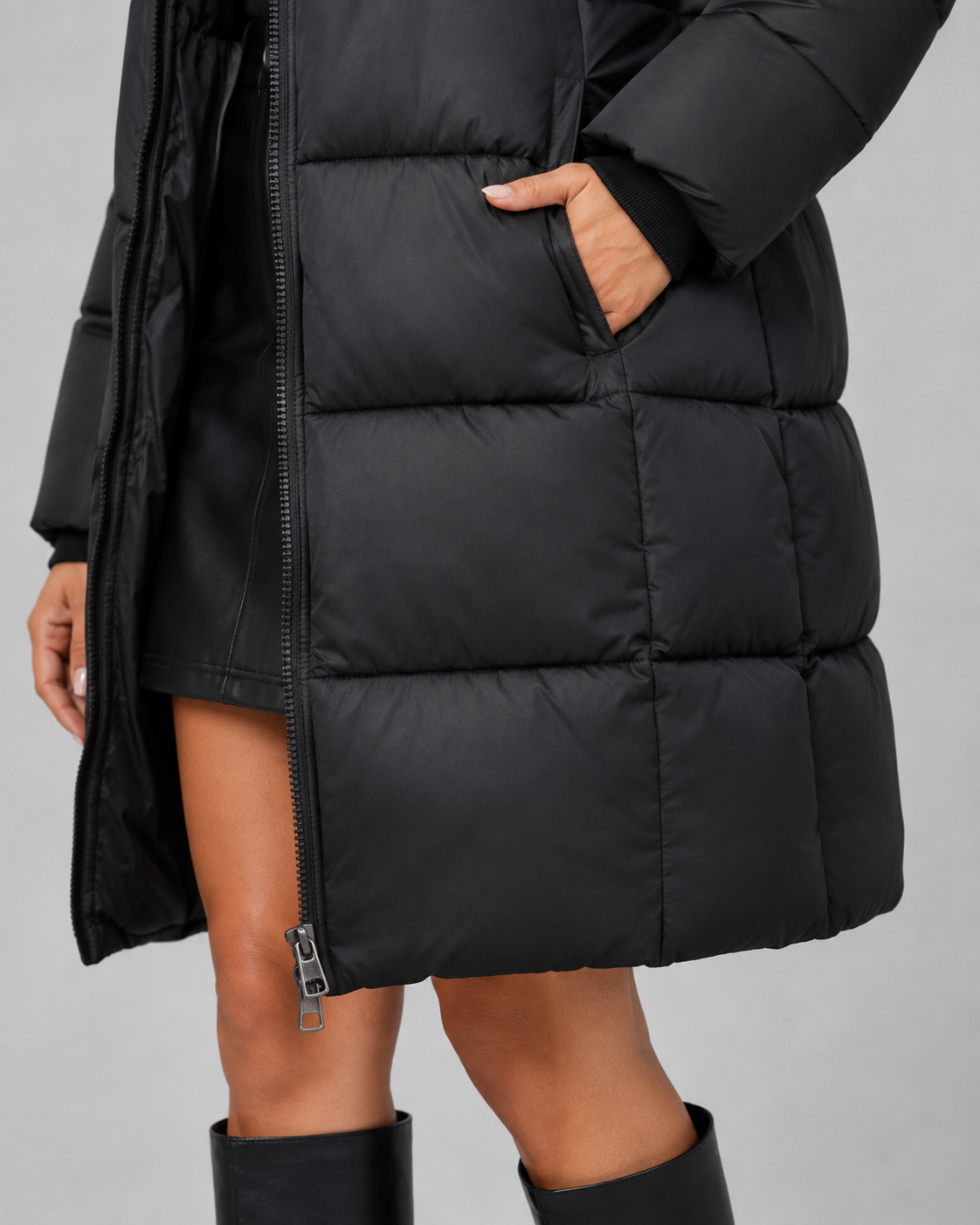 Women's Knee Length Hooded Puffer Coat – Quilted Zip Front
