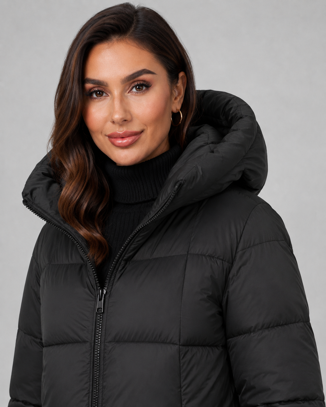 Women's Knee Length Hooded Puffer Coat – Quilted Zip Front