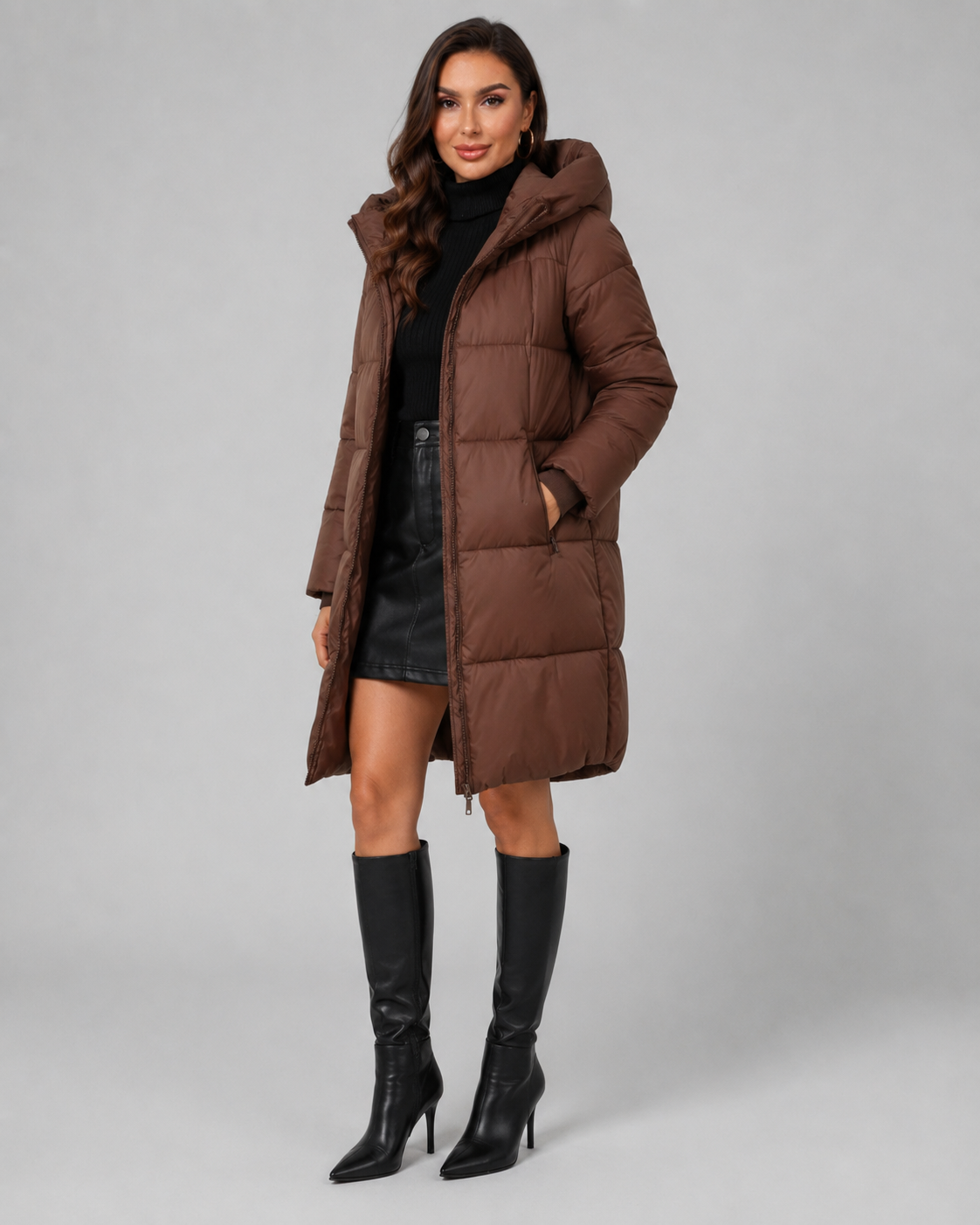 Women's Knee Length Hooded Puffer Coat – Quilted Zip Front
