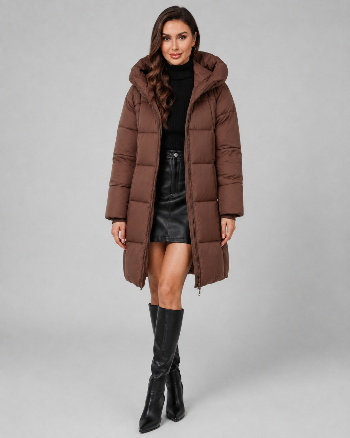 Women's Knee Length Hooded Puffer Coat – Quilted Zip Front