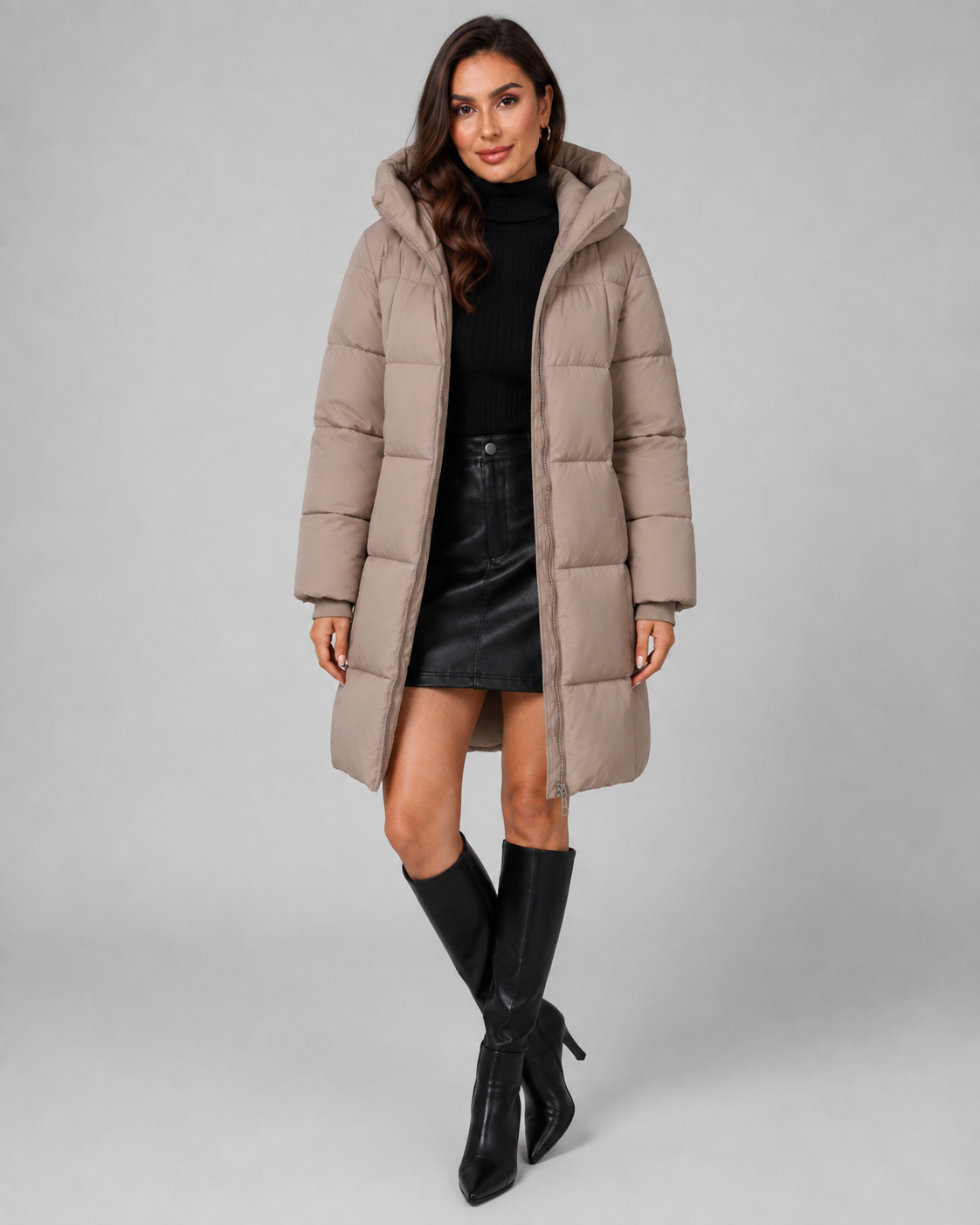Women's Knee Length Hooded Puffer Coat – Quilted Zip Front