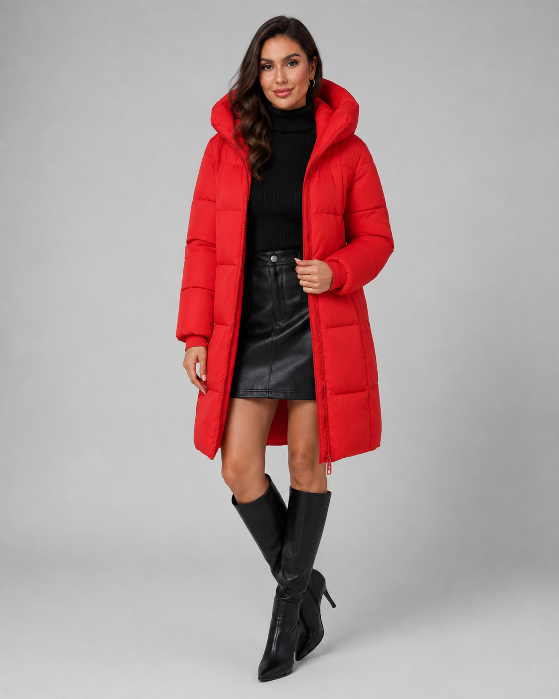 Women's Knee Length Hooded Puffer Coat – Quilted Zip Front