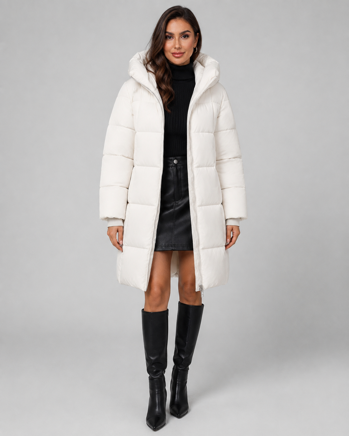 Women's Knee Length Hooded Puffer Coat – Quilted Zip Front