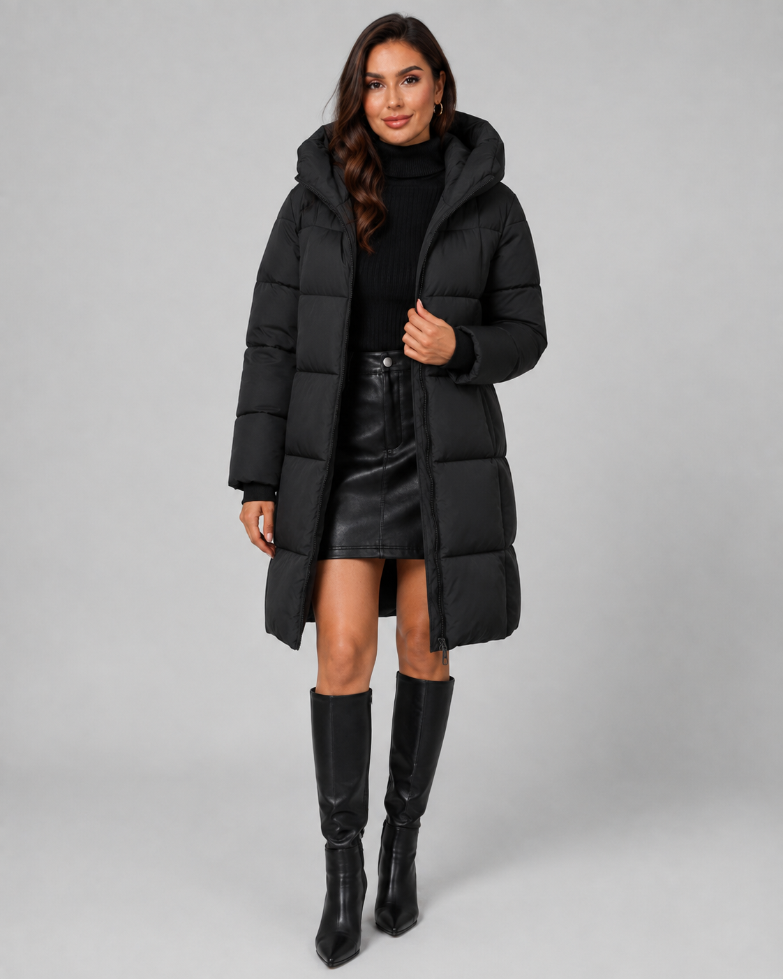 Women's Knee Length Hooded Puffer Coat – Quilted Zip Front