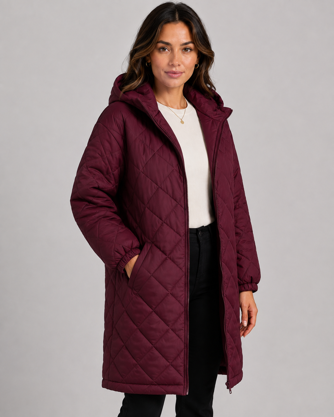 Women's Longline Quilted Hooded Puffer Coat – Relaxed Fit Zip Front