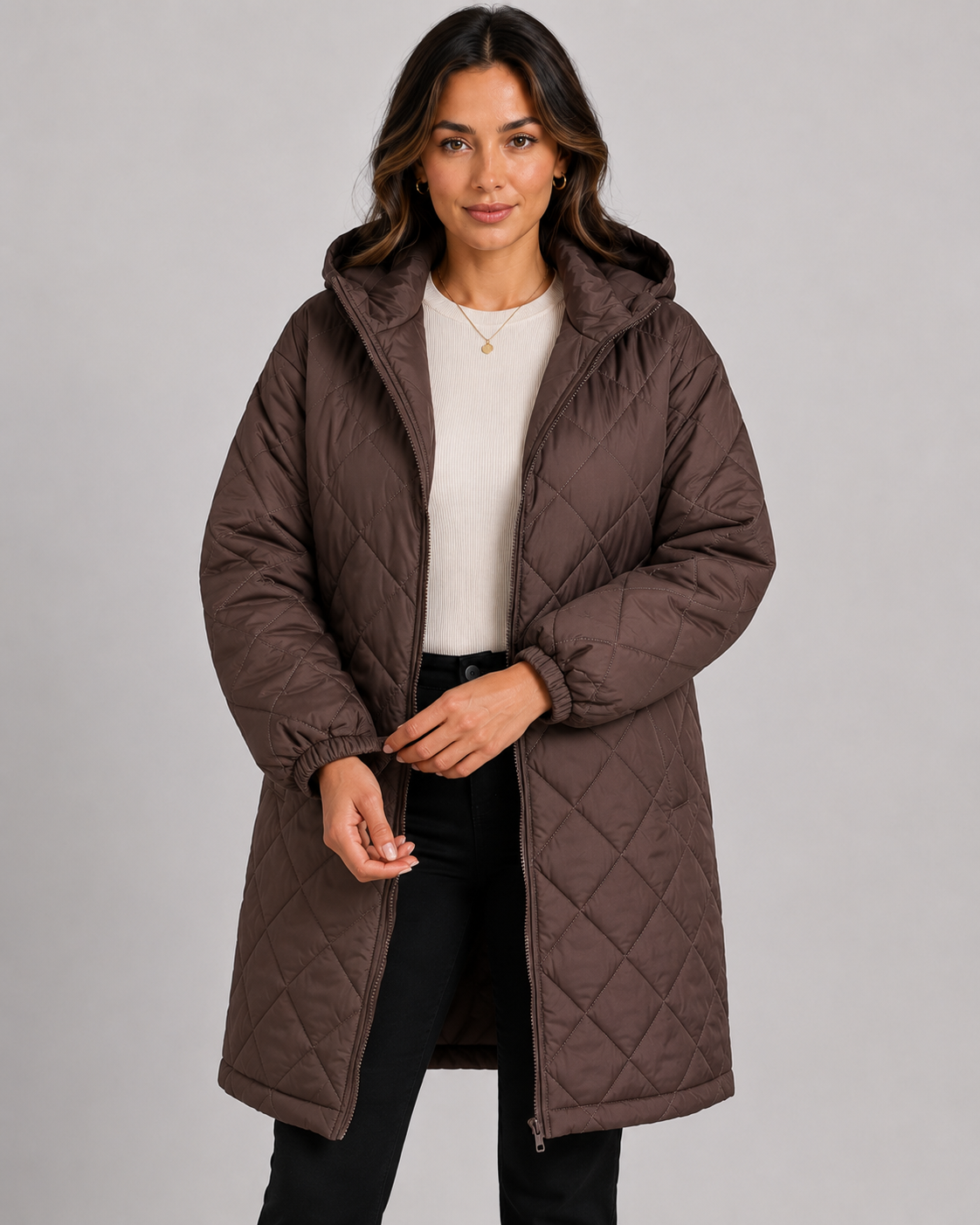Women's Longline Quilted Hooded Puffer Coat – Relaxed Fit Zip Front