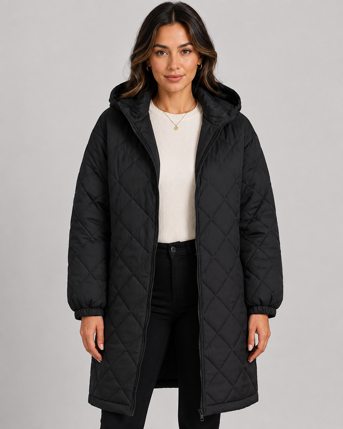 Women's Longline Quilted Hooded Puffer Coat – Relaxed Fit Zip Front