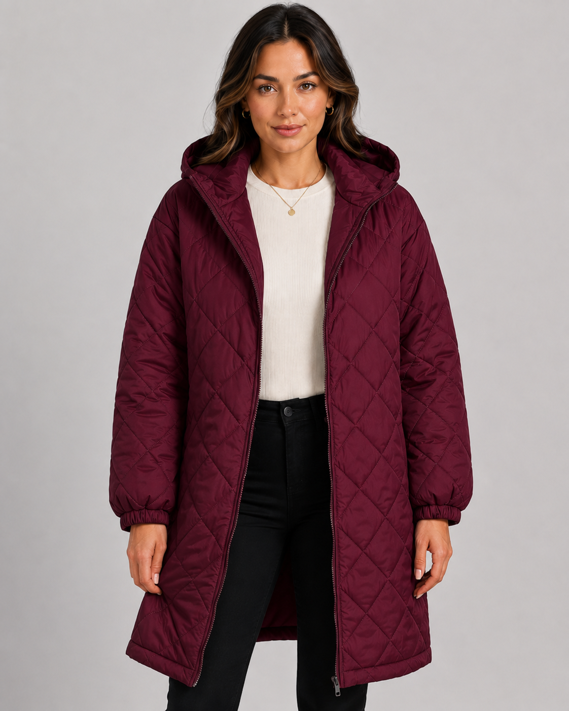 Women's Longline Quilted Hooded Puffer Coat – Relaxed Fit Zip Front