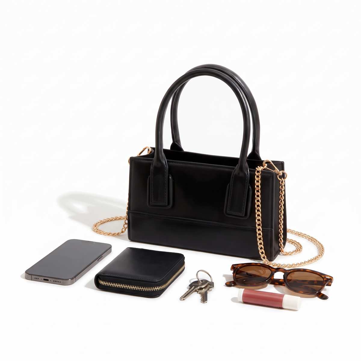 Matte Faux Leather Mini Top Handle Bag for Women, Black Chain Strap Box Bag