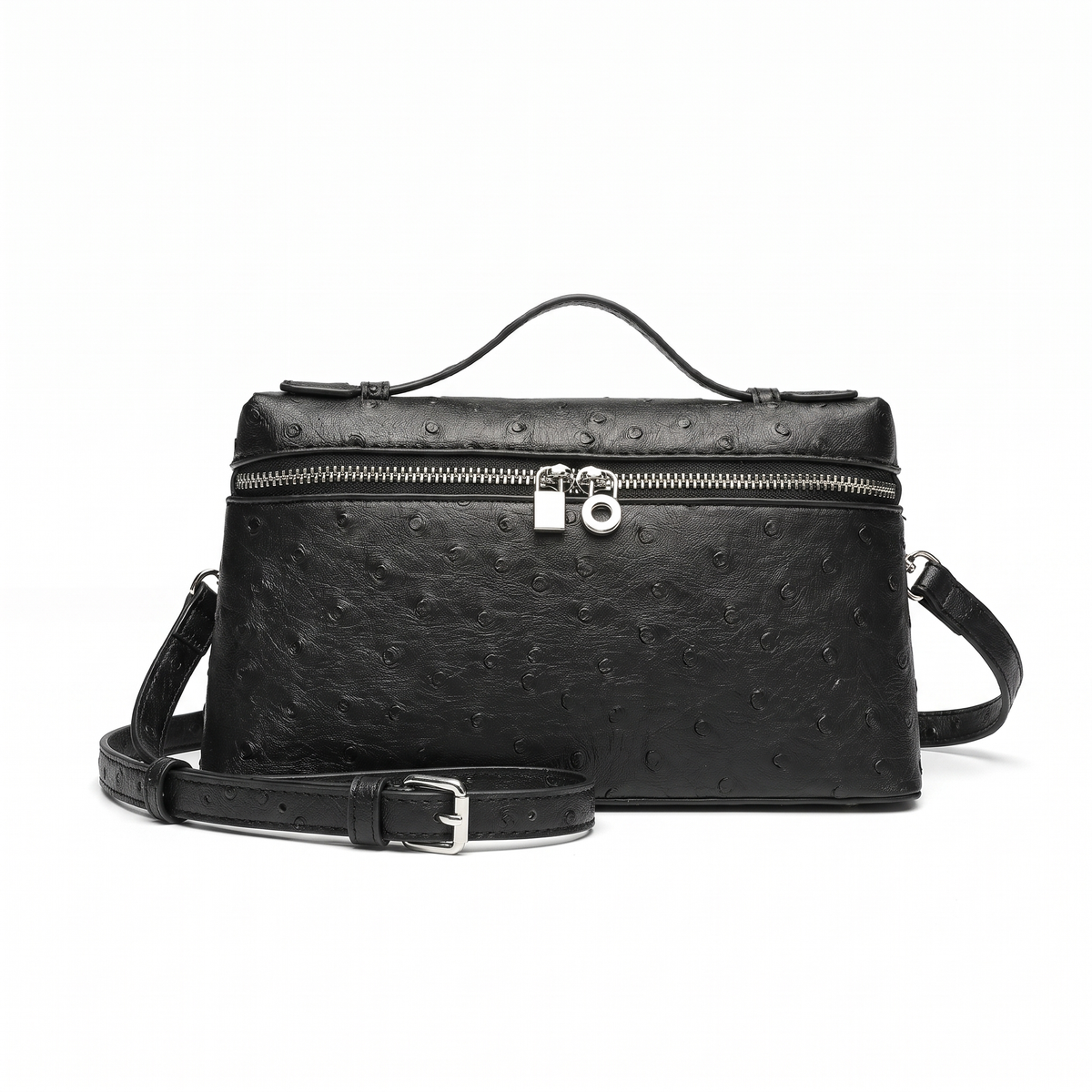 Ostrich Faux Leather Pouch Bag for Women, Black Top Handle Crossbody Bag