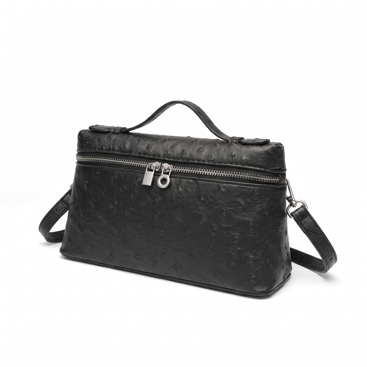 Ostrich Faux Leather Pouch Bag for Women, Black Top Handle Crossbody Bag