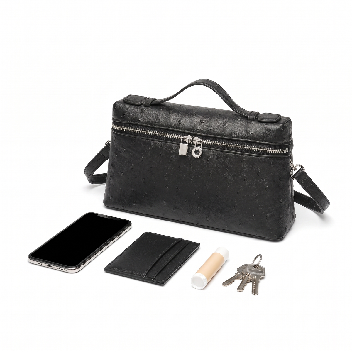 Ostrich Faux Leather Pouch Bag for Women, Black Top Handle Crossbody Bag