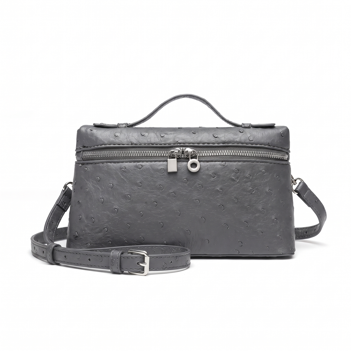 Ostrich Faux Leather Pouch Bag for Women, Black Top Handle Crossbody Bag