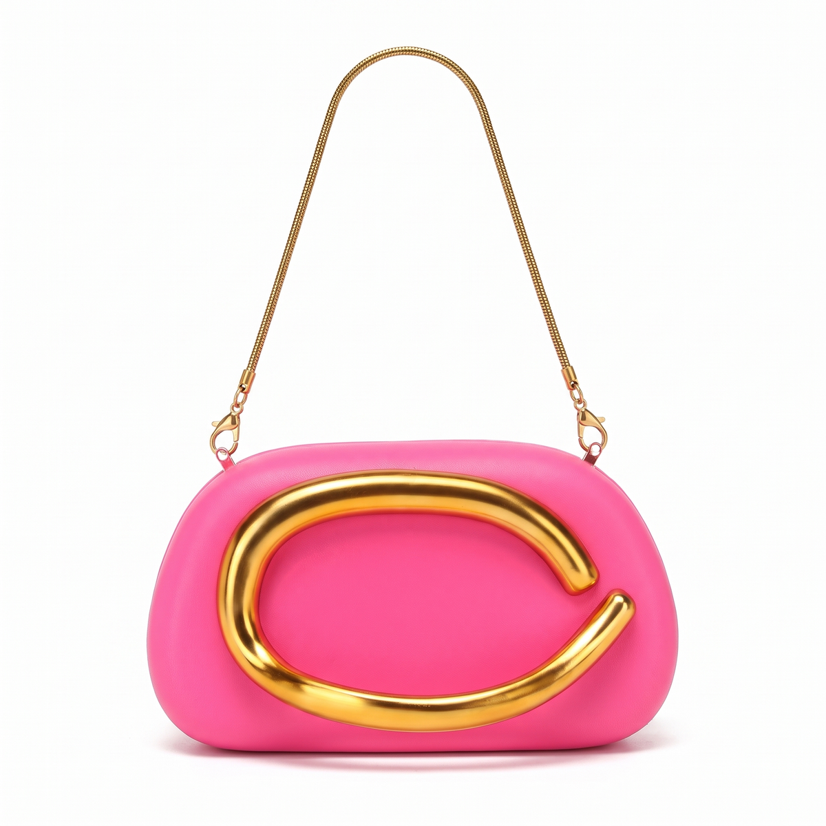 Oval Box Clutch for Women, Hot Pink Gold C Bar Chain Evening Bag