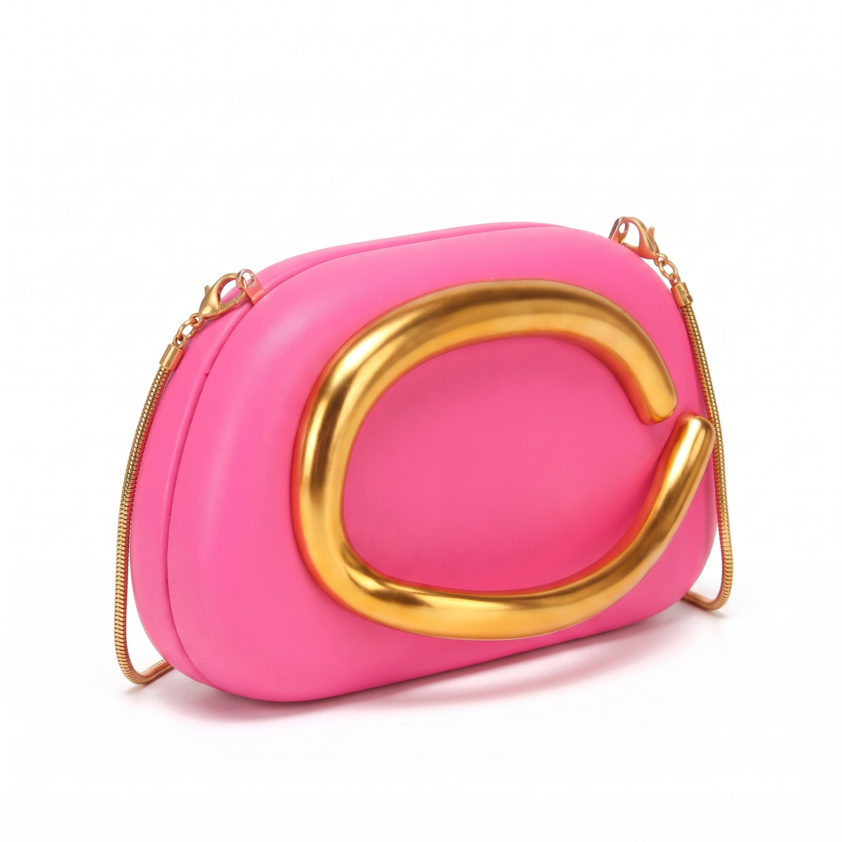 Oval Box Clutch for Women, Hot Pink Gold C Bar Chain Evening Bag