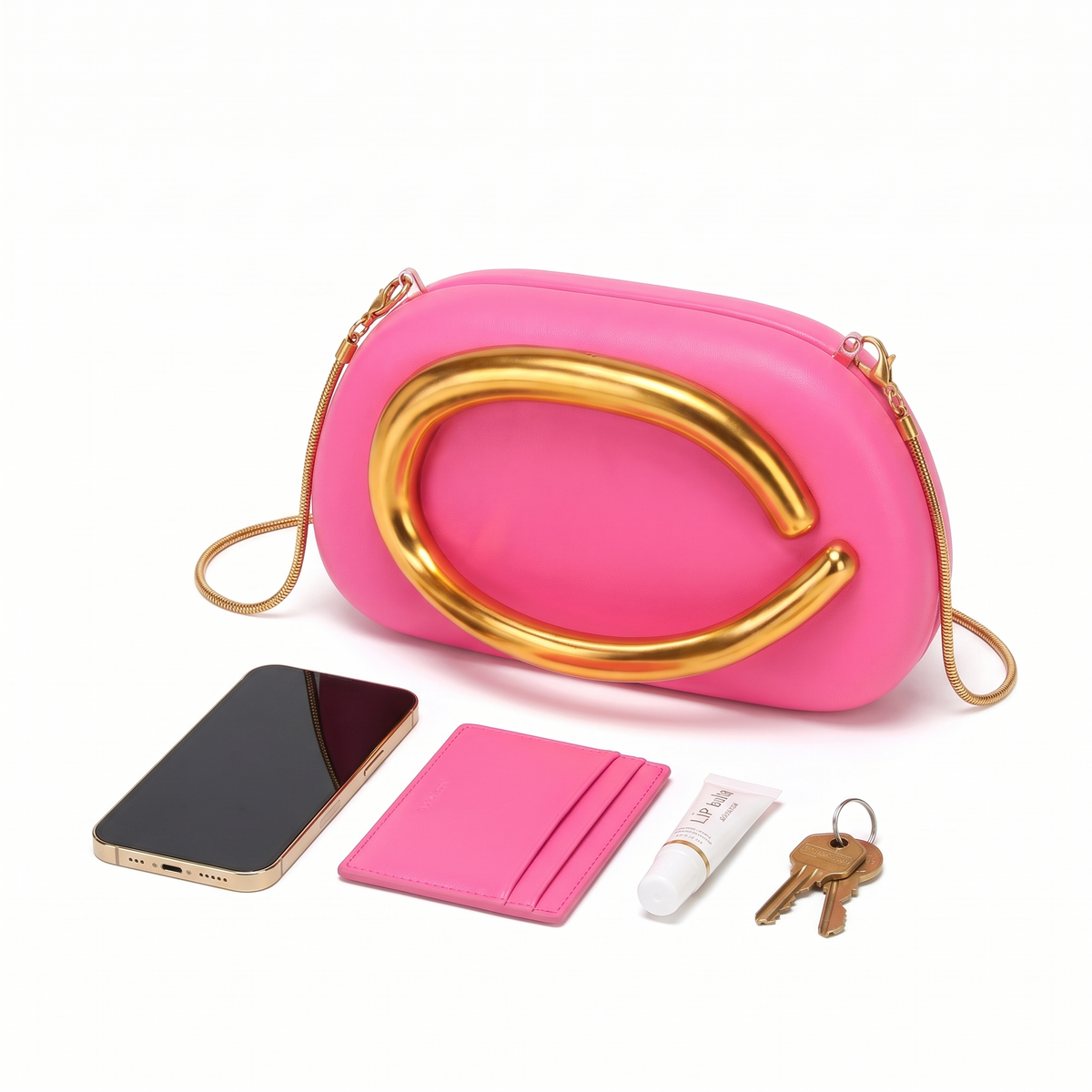 Oval Box Clutch for Women, Hot Pink Gold C Bar Chain Evening Bag