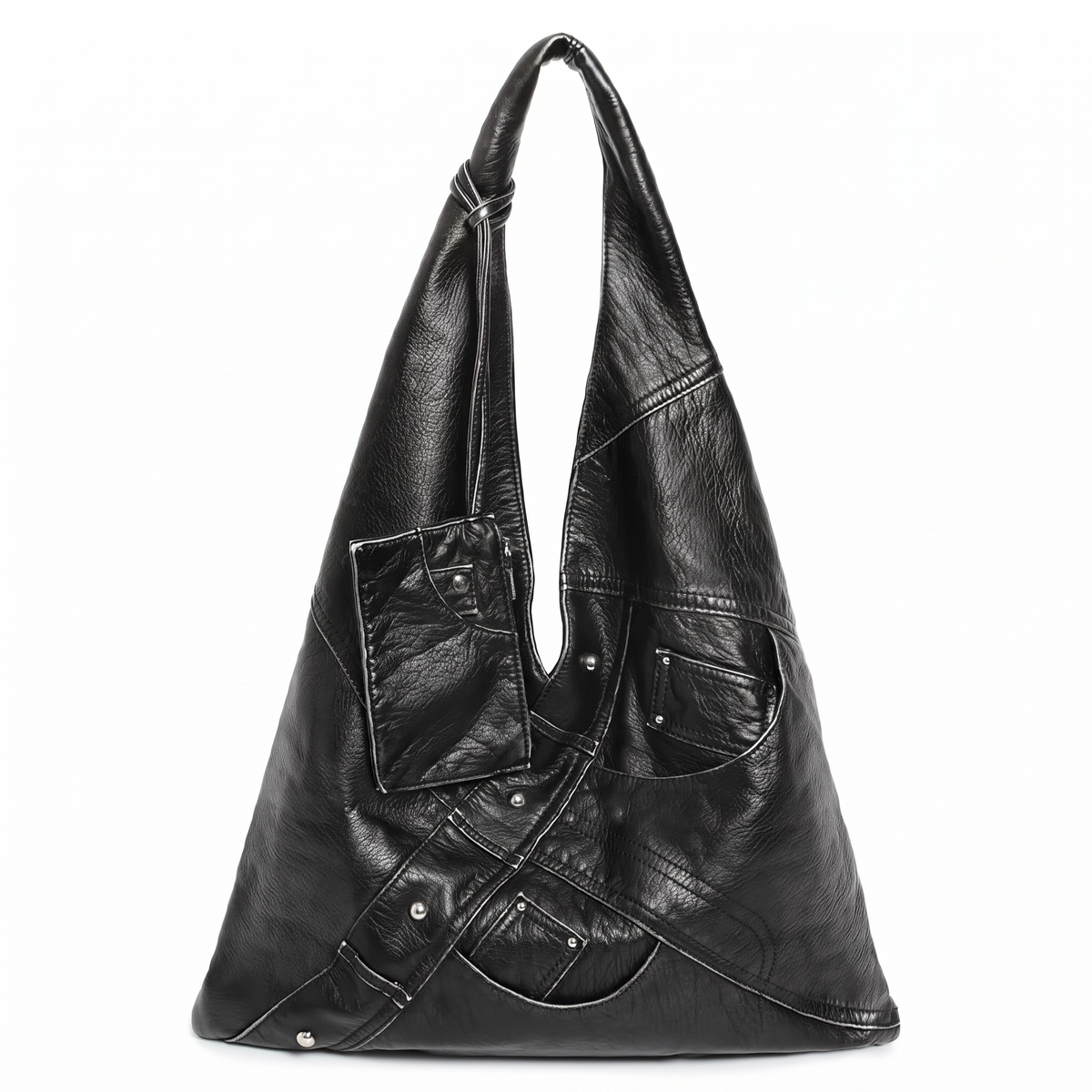 Patchwork Faux Leather Hobo Bag for Women, Black Oversized Triangle Shoulder Bag