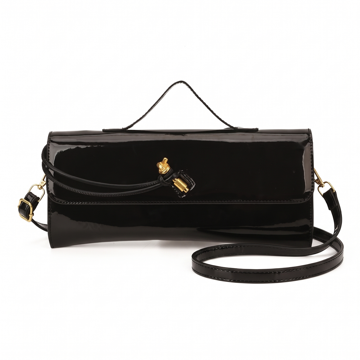Patent Faux Leather Baguette Bag for Women, Black Gold Knot Flap Shoulder Bag