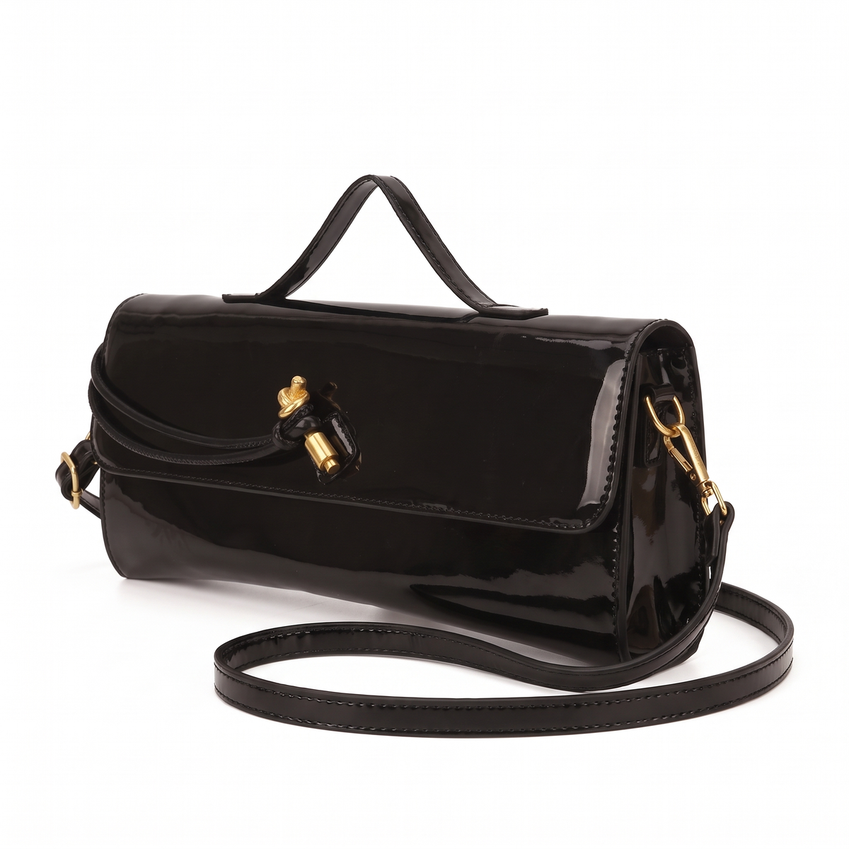 Patent Faux Leather Baguette Bag for Women, Black Gold Knot Flap Shoulder Bag