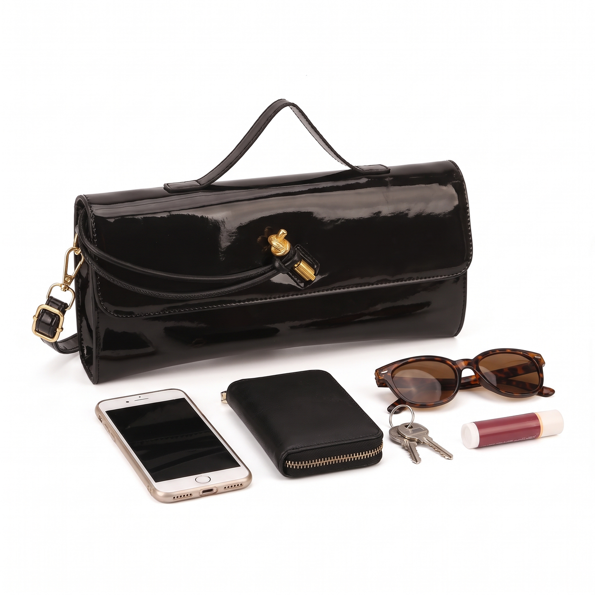 Patent Faux Leather Baguette Bag for Women, Black Gold Knot Flap Shoulder Bag
