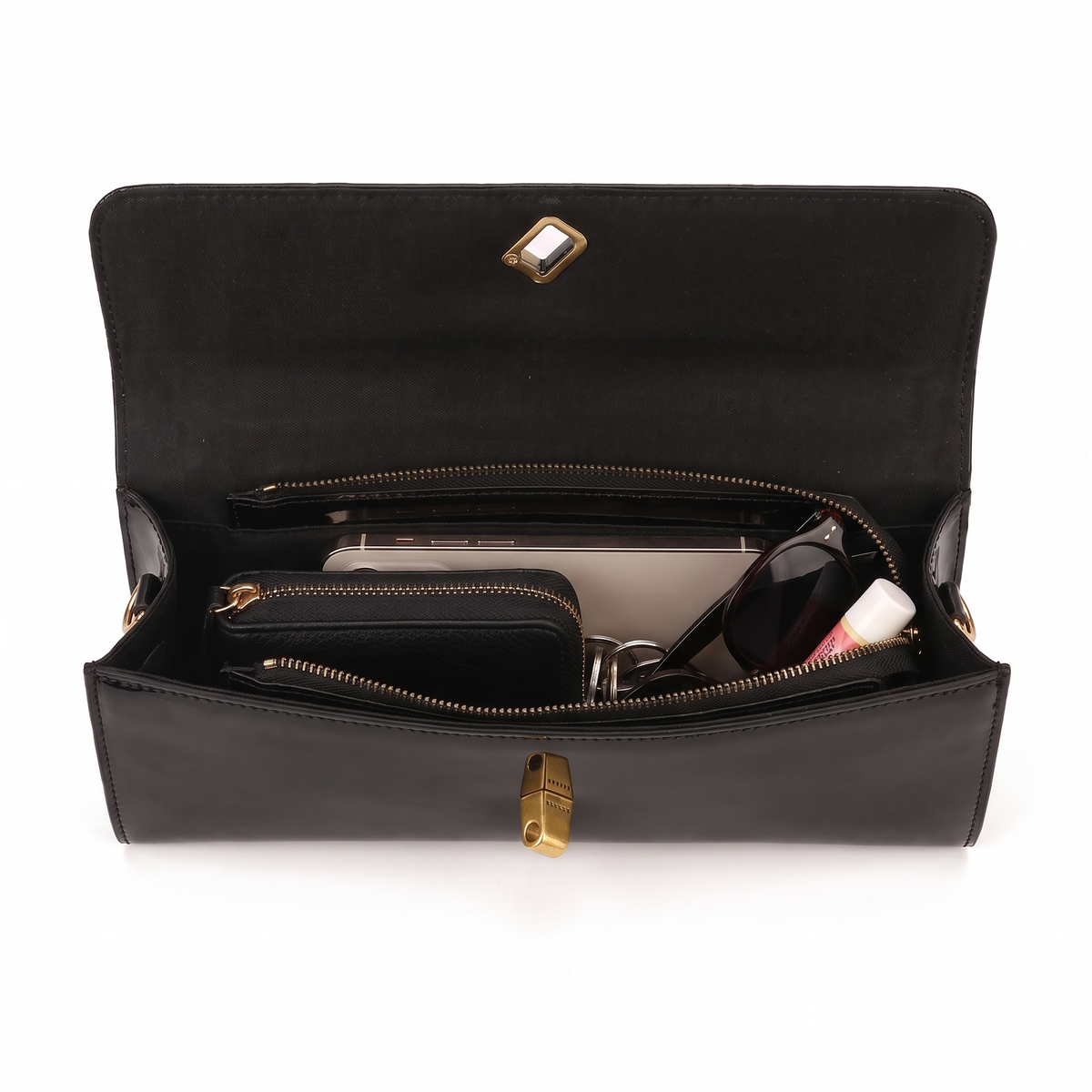 Patent Faux Leather Baguette Bag for Women, Black Gold Knot Flap Shoulder Bag