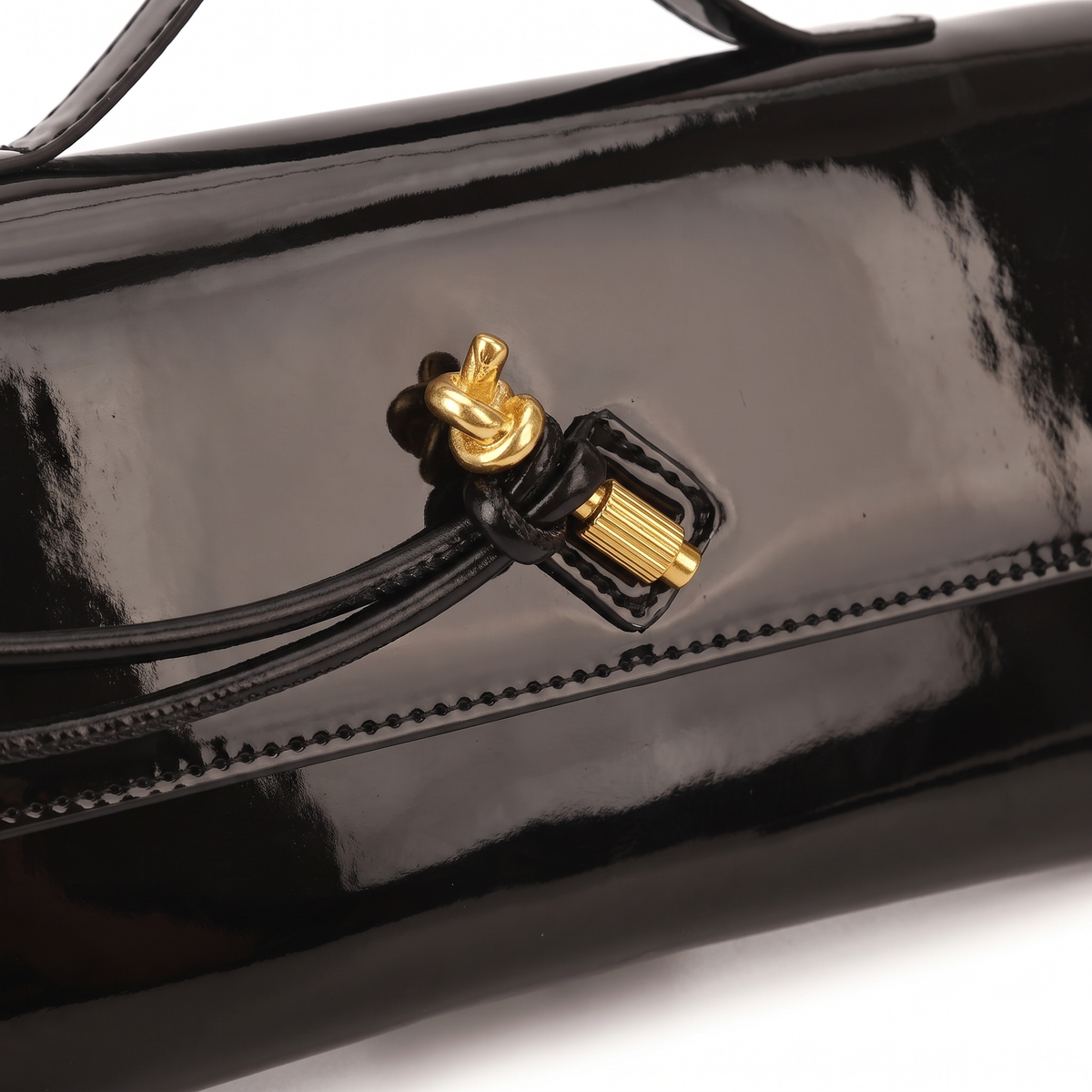Patent Faux Leather Baguette Bag for Women, Black Gold Knot Flap Shoulder Bag