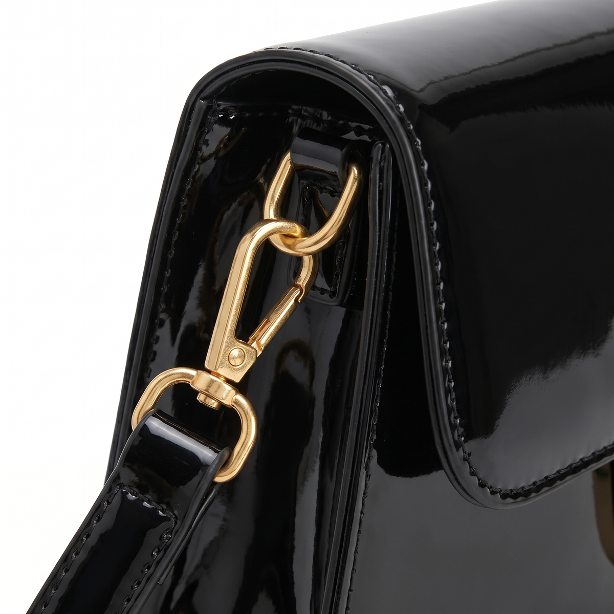 Patent Faux Leather Baguette Bag for Women, Black Gold Knot Flap Shoulder Bag