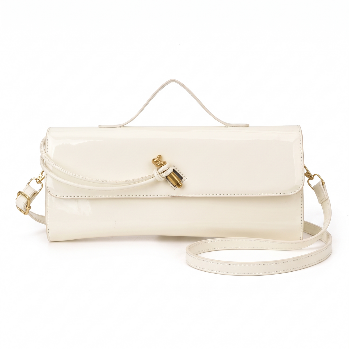 Patent Faux Leather Baguette Bag for Women, Black Gold Knot Flap Shoulder Bag