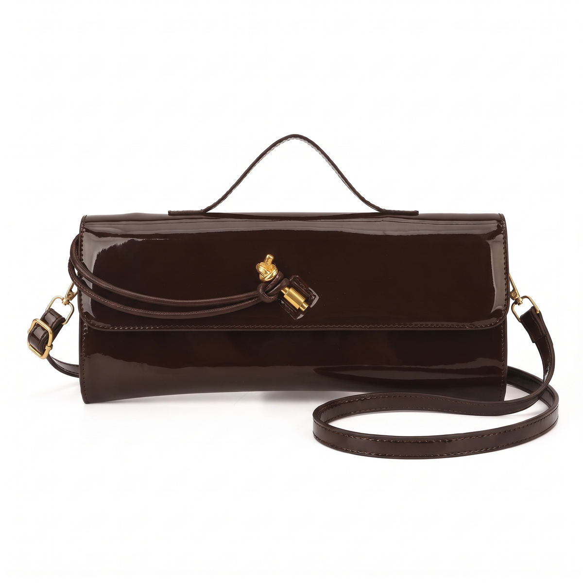 Patent Faux Leather Baguette Bag for Women, Black Gold Knot Flap Shoulder Bag