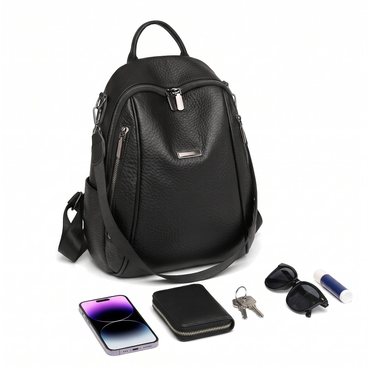 Pebbled Faux Leather Backpack for Women, Black City Backpack Purse