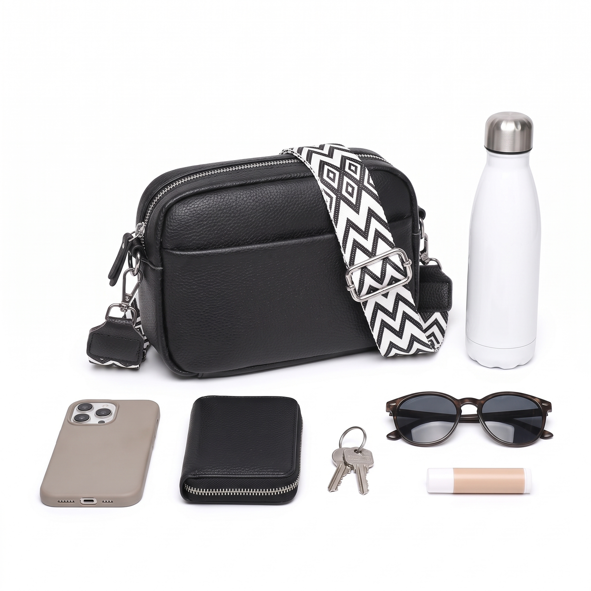 Faux Leather Crossbody Bag for Women, Black Box Bag with Wide Strap