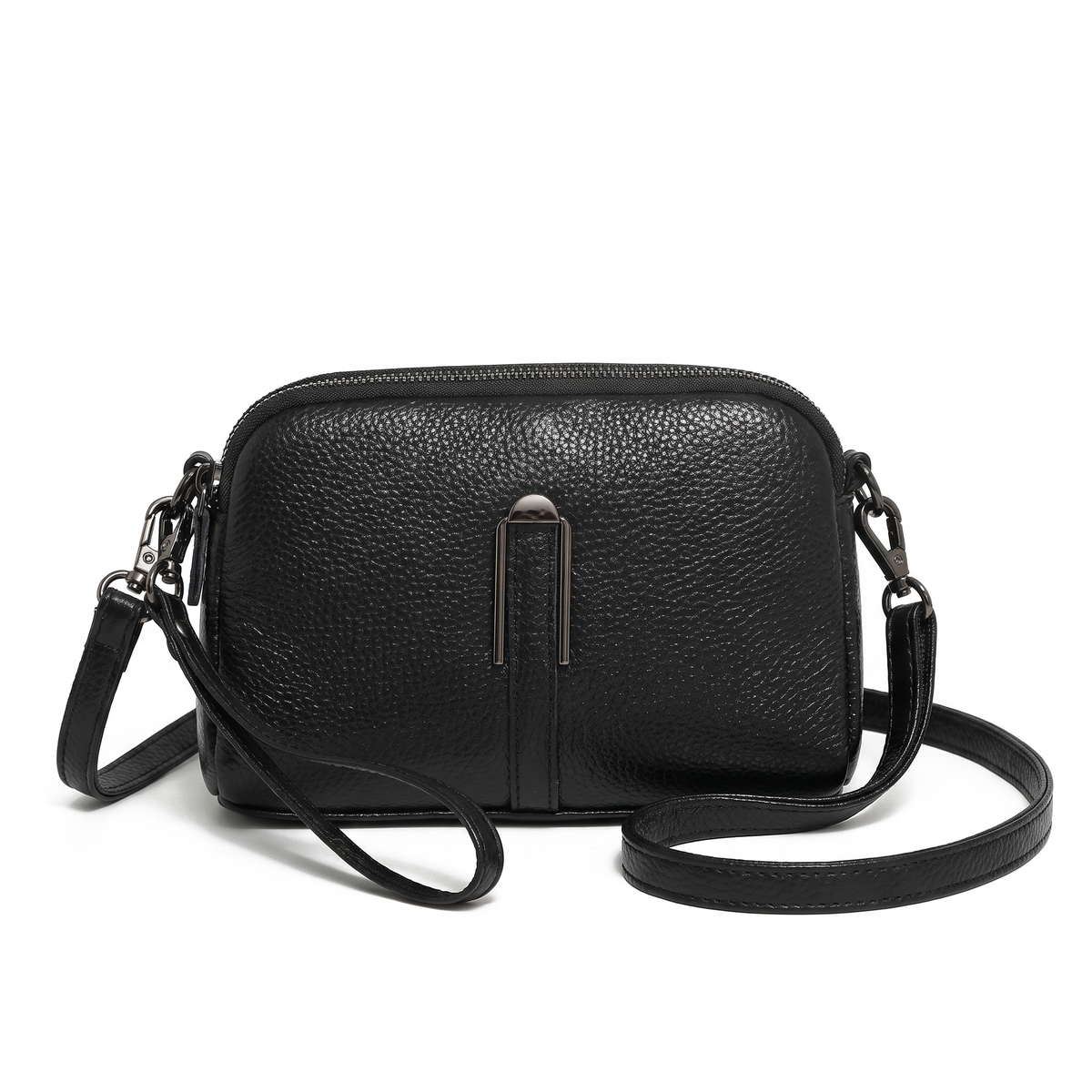 Pebbled Faux Leather Crossbody Bag for Women, Black Double Zip
