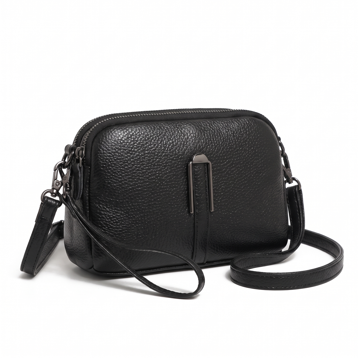Pebbled Faux Leather Crossbody Bag for Women, Black Double Zip