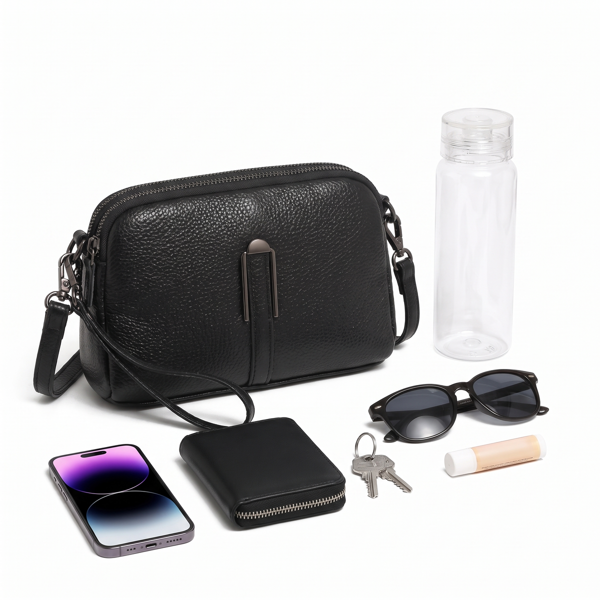 Pebbled Faux Leather Crossbody Bag for Women, Black Double Zip