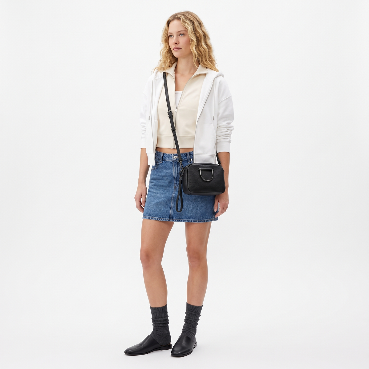 Pebbled Faux Leather Crossbody Bag for Women, Black Double Zip