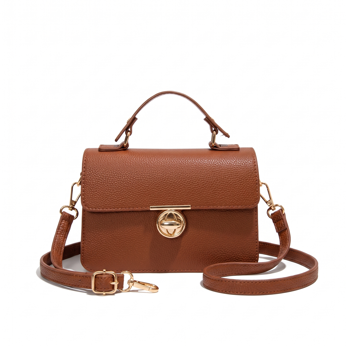 Pebbled Faux Leather Flap Bag for Women, Cognac Turn Lock Top Handle Crossbody