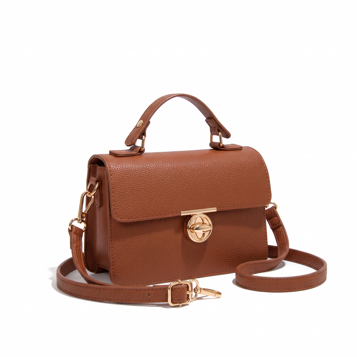 Pebbled Faux Leather Flap Bag for Women, Cognac Turn Lock Top Handle Crossbody