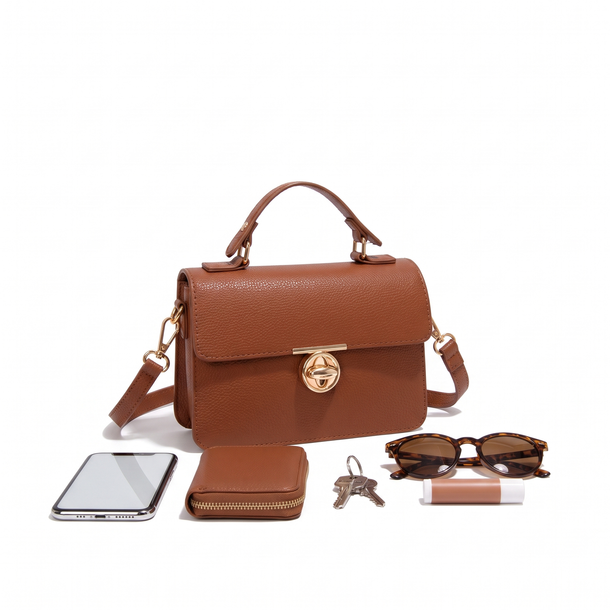 Pebbled Faux Leather Flap Bag for Women, Cognac Turn Lock Top Handle Crossbody