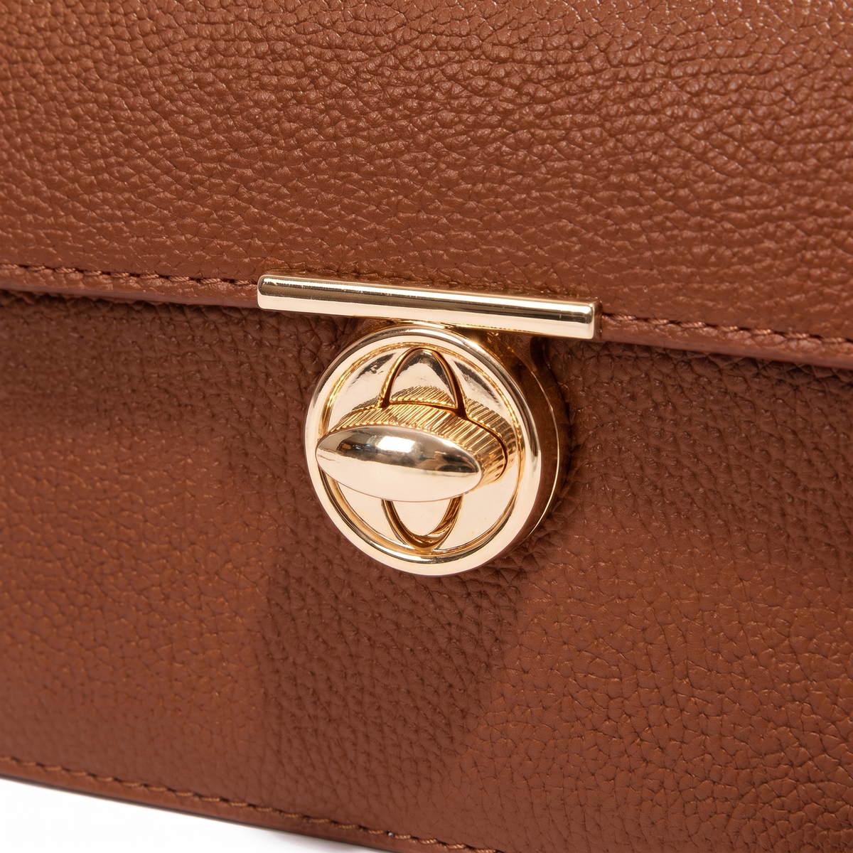 Pebbled Faux Leather Flap Bag for Women, Cognac Turn Lock Top Handle Crossbody
