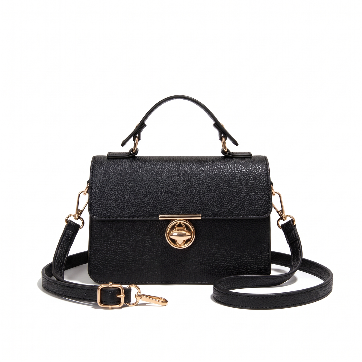 Pebbled Faux Leather Flap Bag for Women, Cognac Turn Lock Top Handle Crossbody