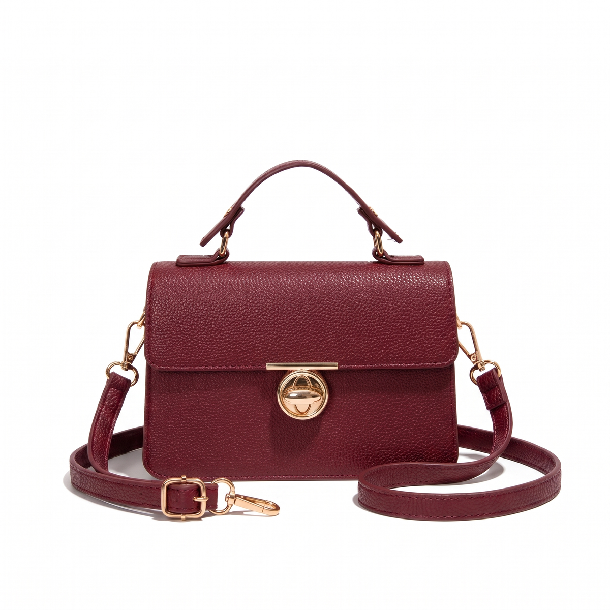 Pebbled Faux Leather Flap Bag for Women, Cognac Turn Lock Top Handle Crossbody