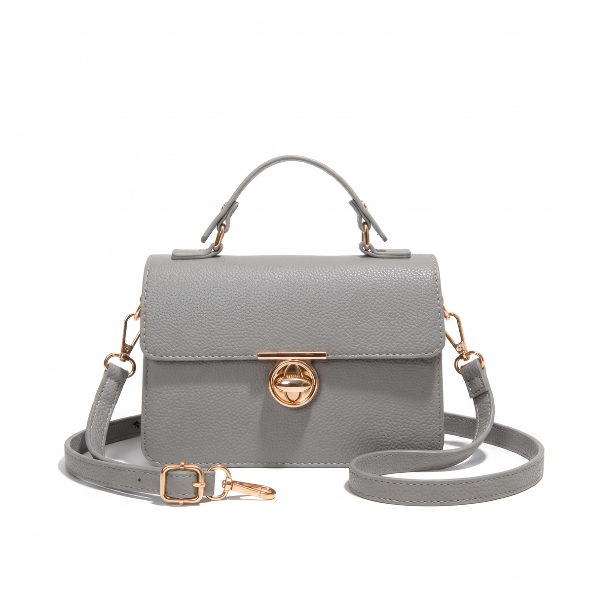 Pebbled Faux Leather Flap Bag for Women, Cognac Turn Lock Top Handle Crossbody