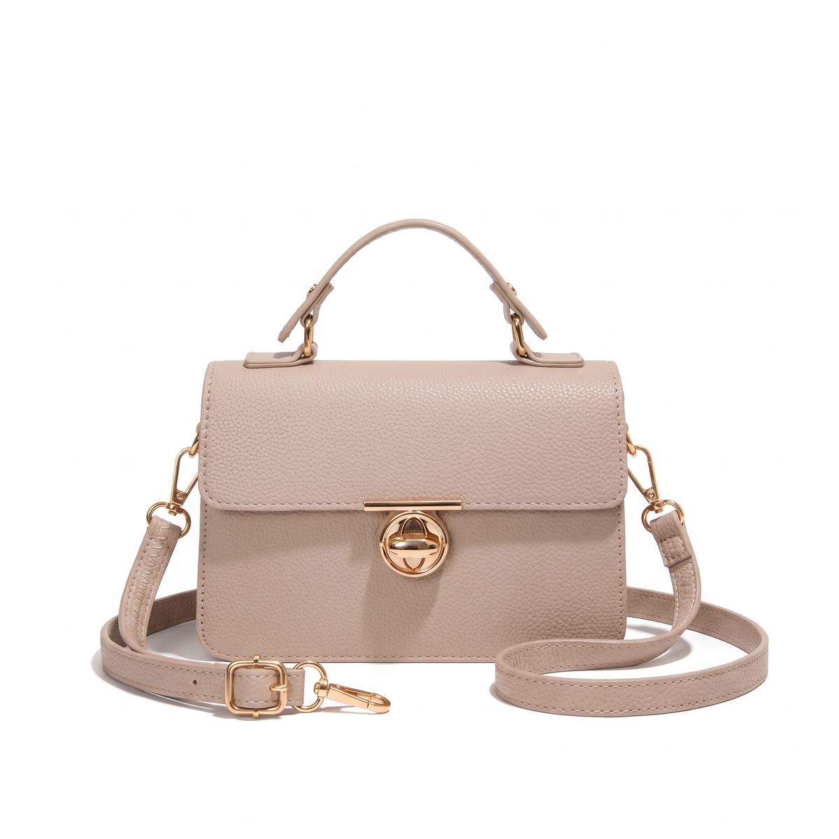 Pebbled Faux Leather Flap Bag for Women, Cognac Turn Lock Top Handle Crossbody