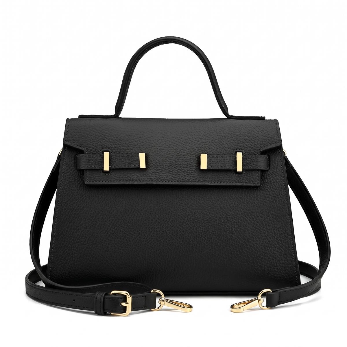 Pebbled Faux Leather Top Handle Bag for Women, Black Structured Flap Handbag