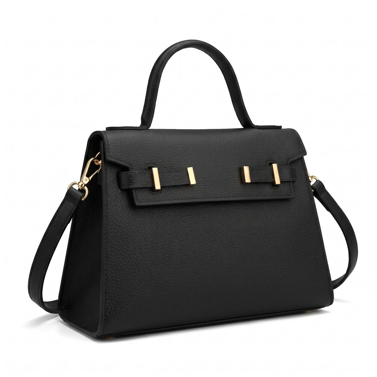Pebbled Faux Leather Top Handle Bag for Women, Black Structured Flap Handbag
