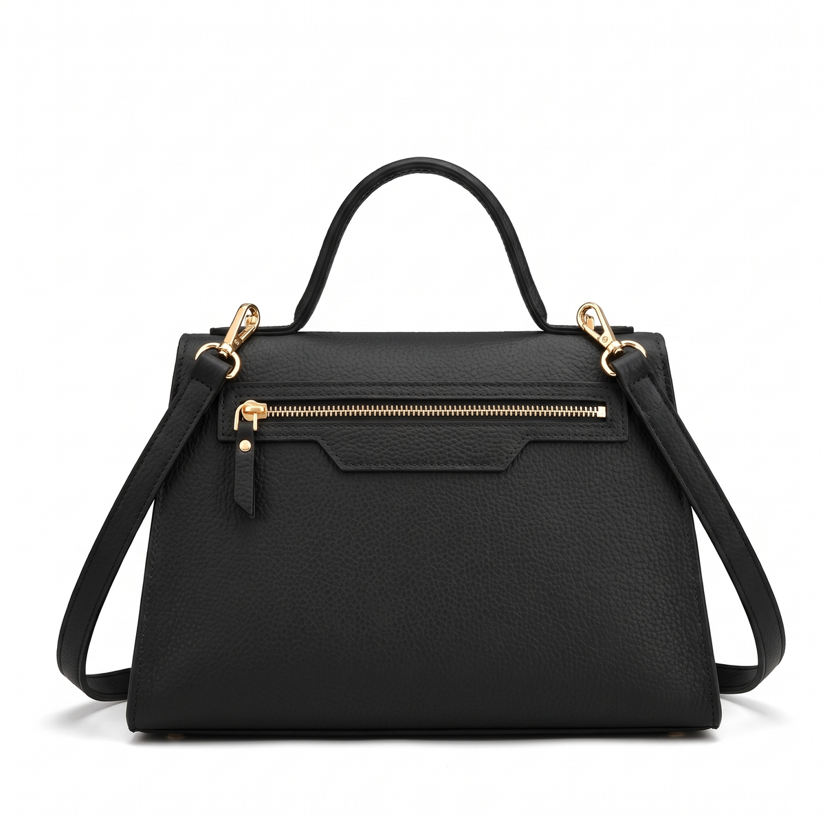 Pebbled Faux Leather Top Handle Bag for Women, Black Structured Flap Handbag