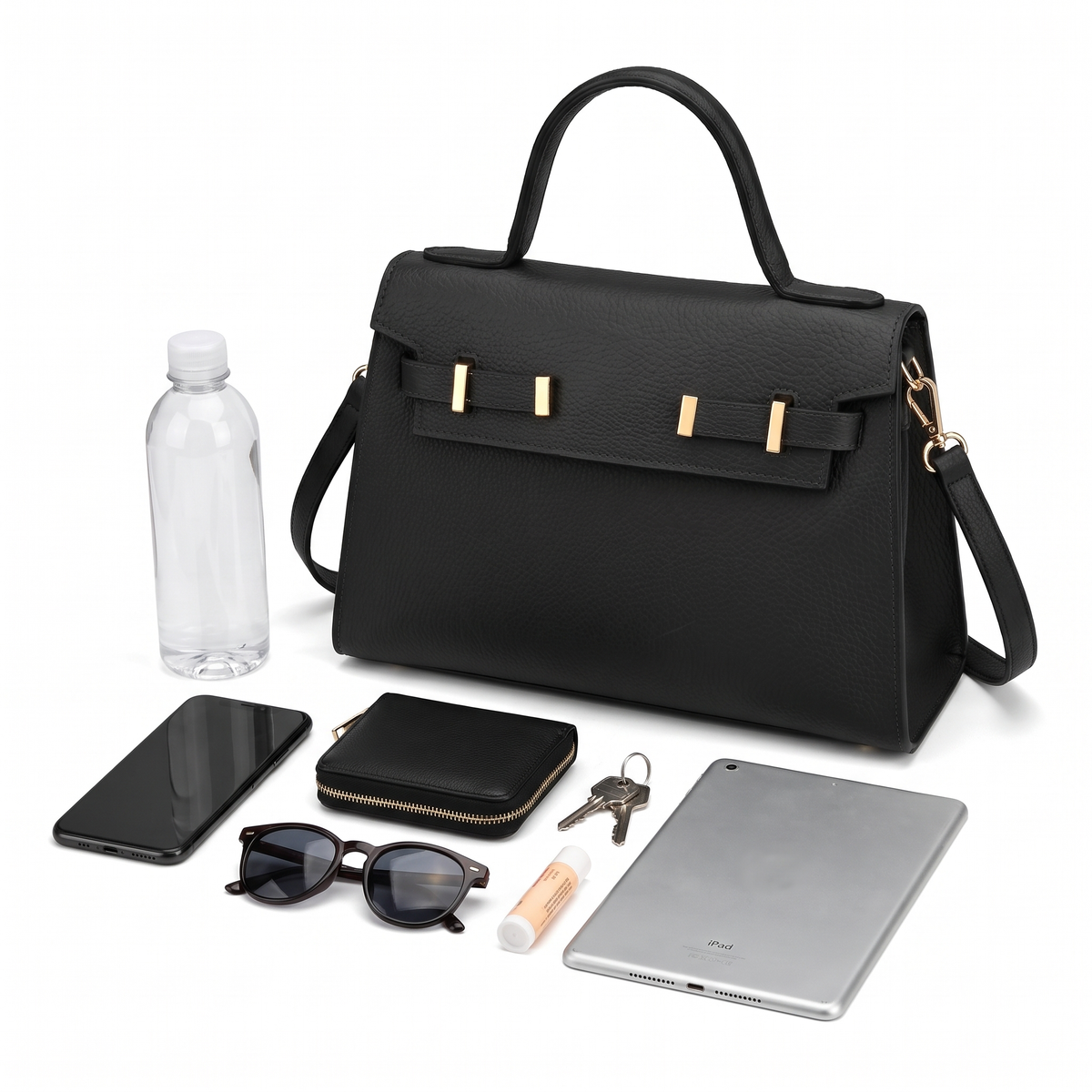 Pebbled Faux Leather Top Handle Bag for Women, Black Structured Flap Handbag